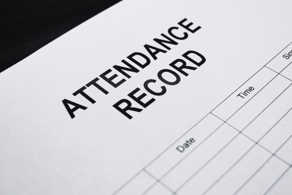  page in a book title 'attendance record'